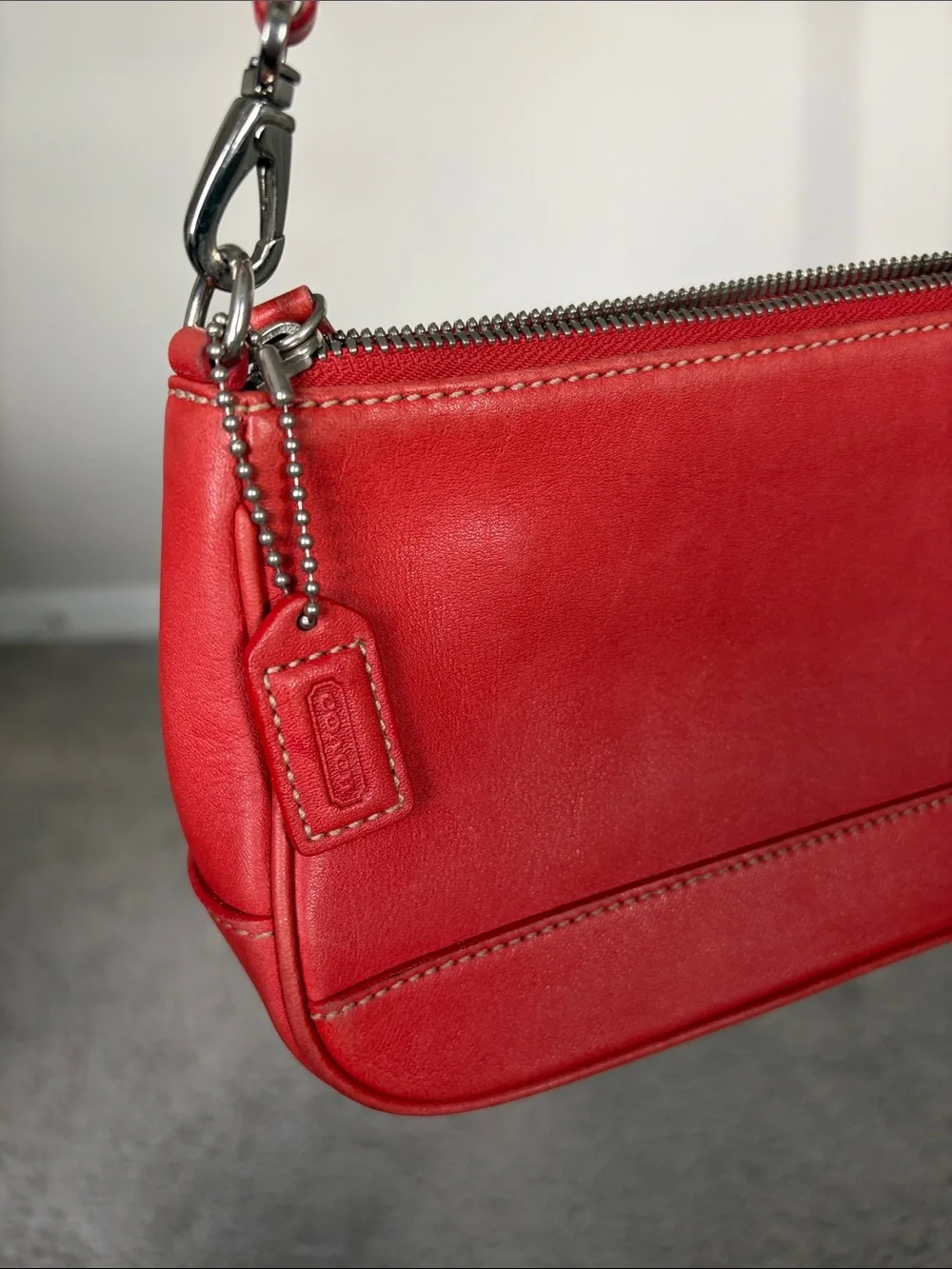 Coach Hamptons Demi baguette shoulder bag (style 7785) in Coral Red